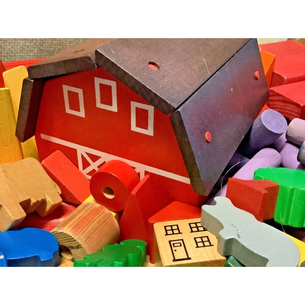 Vtg Wood Blocks TC Timber Huge Set Funland Farm Town Animals People 120+ Pieces